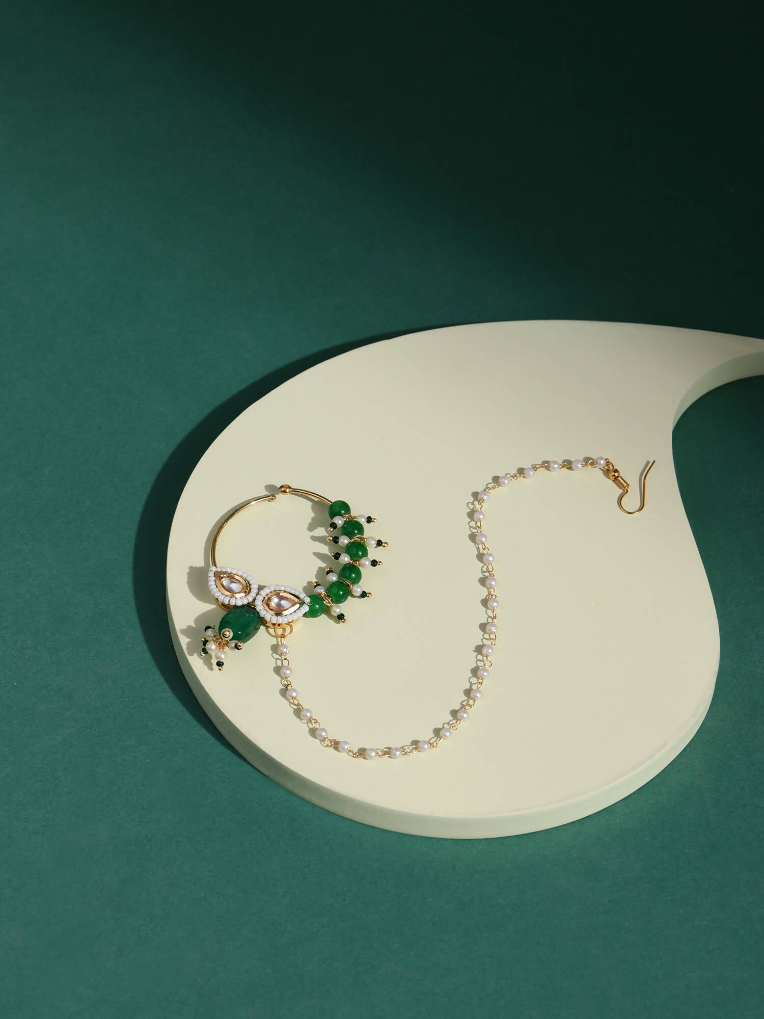 Gold Plated White Green Kundan Studded Beaded Chain Nose Pin - Ruby Raang - Distacart
