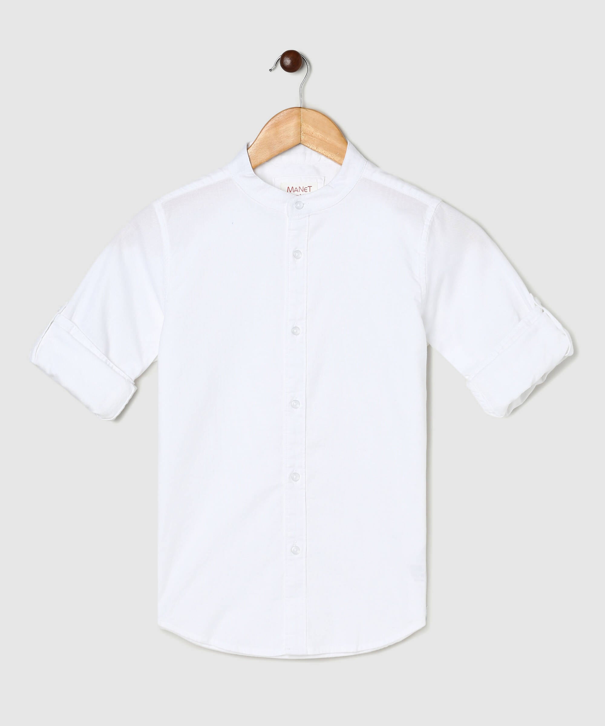 Manet Boys Mandarin Collar Full Sleeves Melange Shirt - White - Distacart