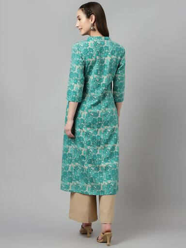 FIORRA Women's Floral Printed Teal Green Pure Cotton Straight Kurta - Distacart