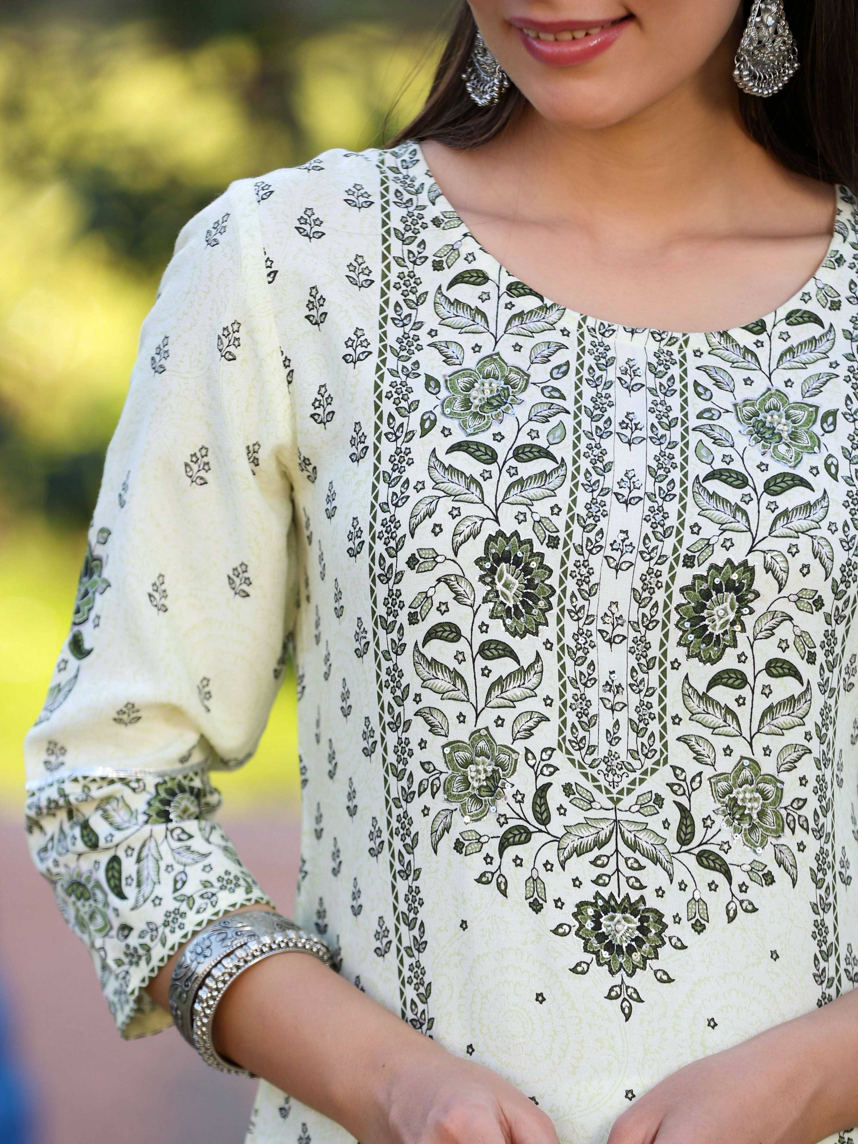Juniper Women's Green Rayon Staple Kalamkari Floral Placement Printed Kurta - Distacart