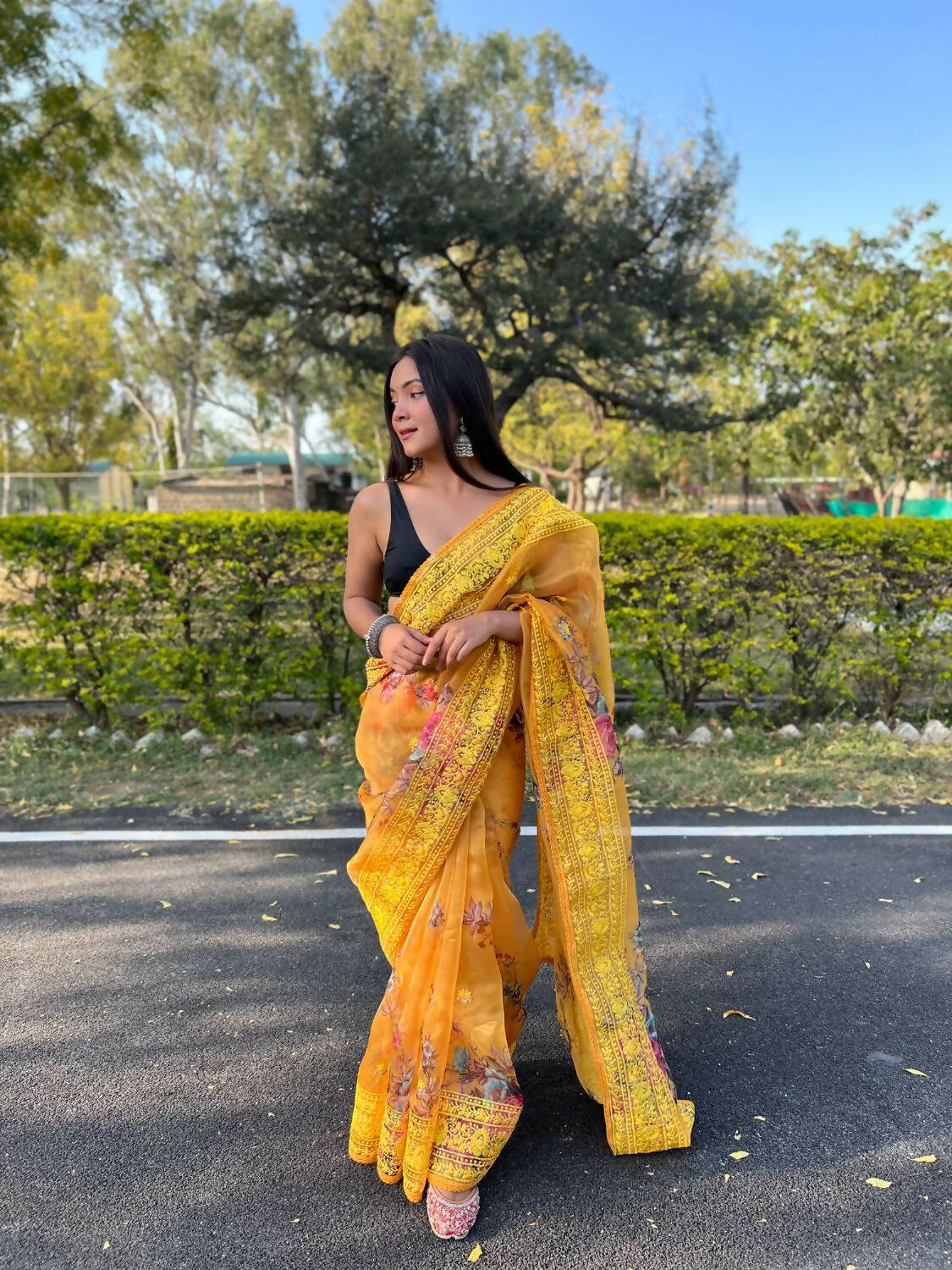 Vastrasky Yellow Organza Saree - Distacart