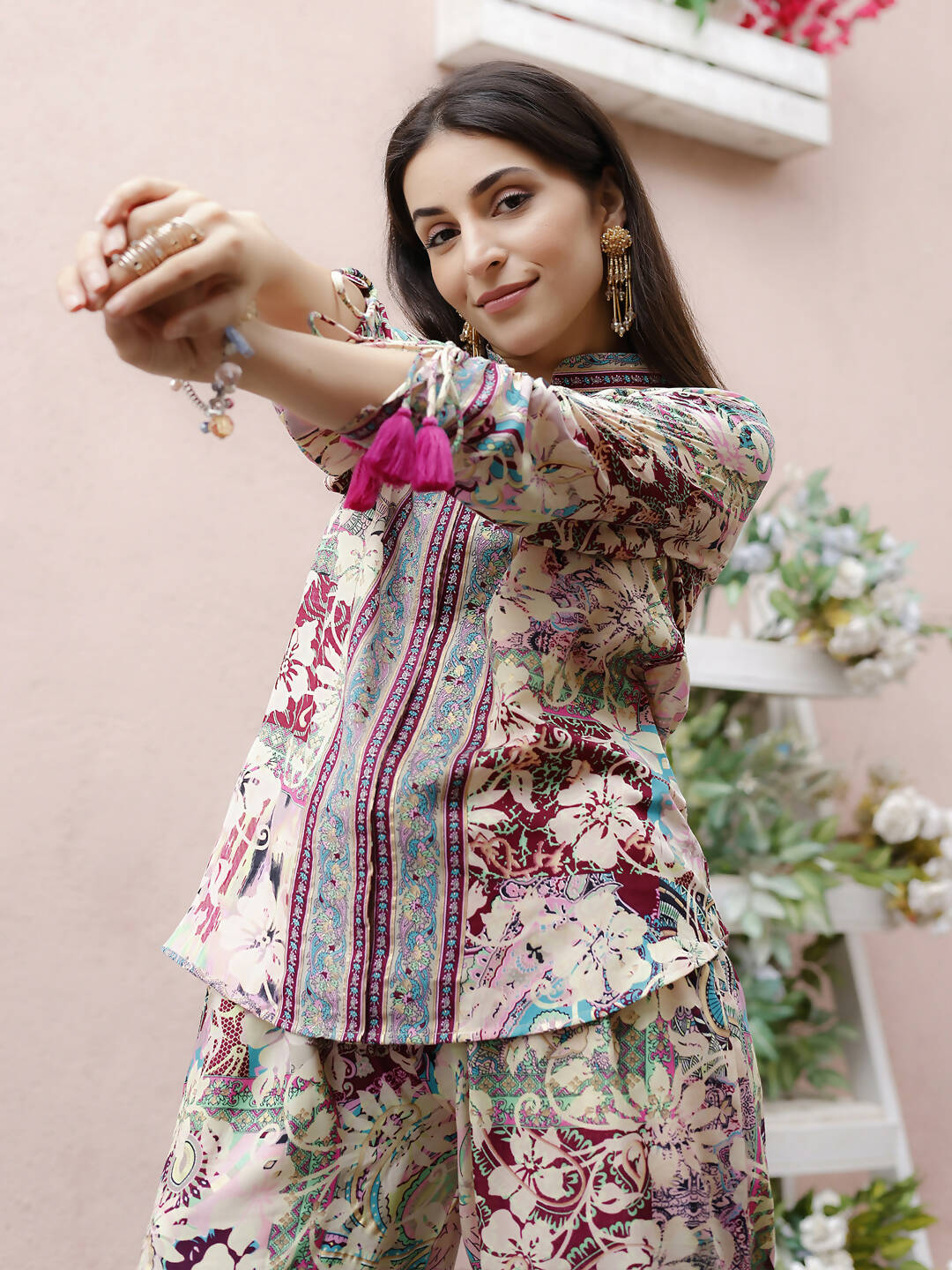 Cream Rayon Floral Printed Top with Matching Bottom - Eesha - Distacart