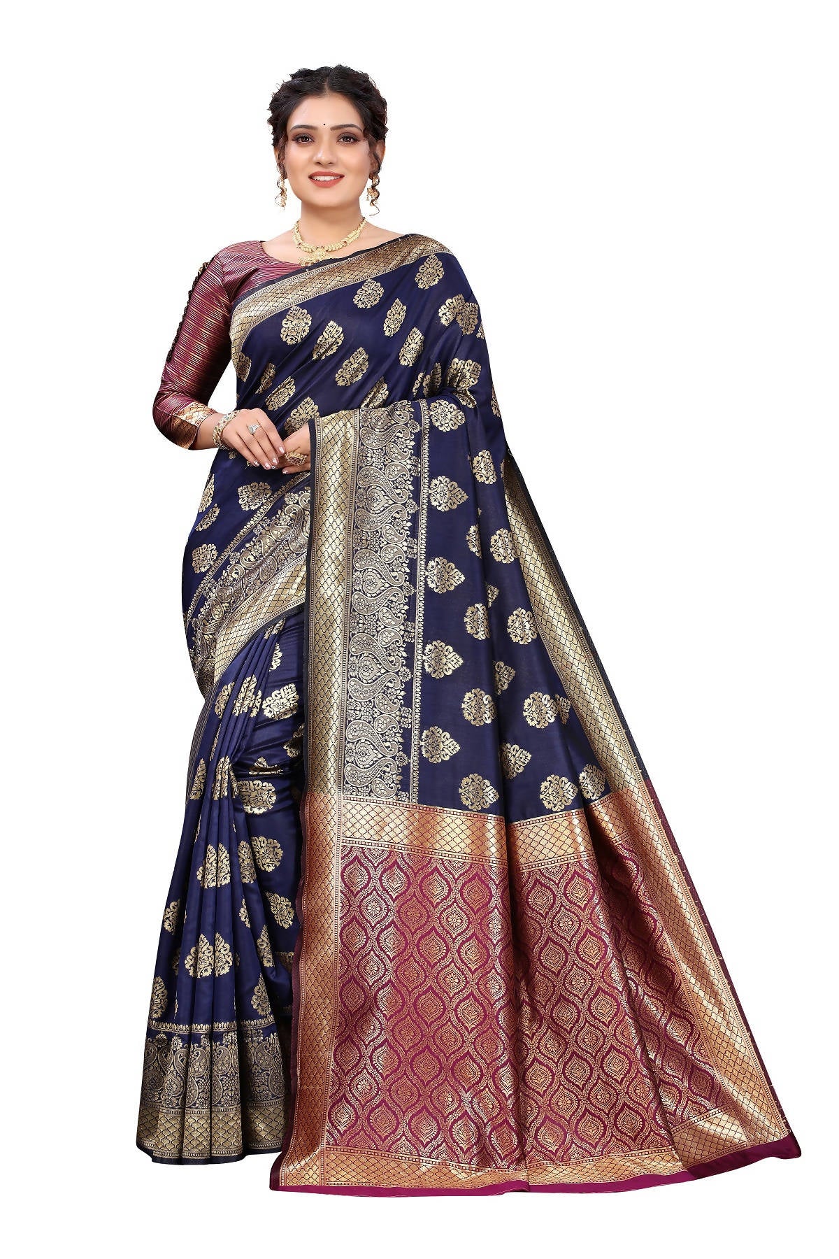 Vamika Ethnic Fire Navy Blue Weaving Banarasi Jacquard Saree - Distacart