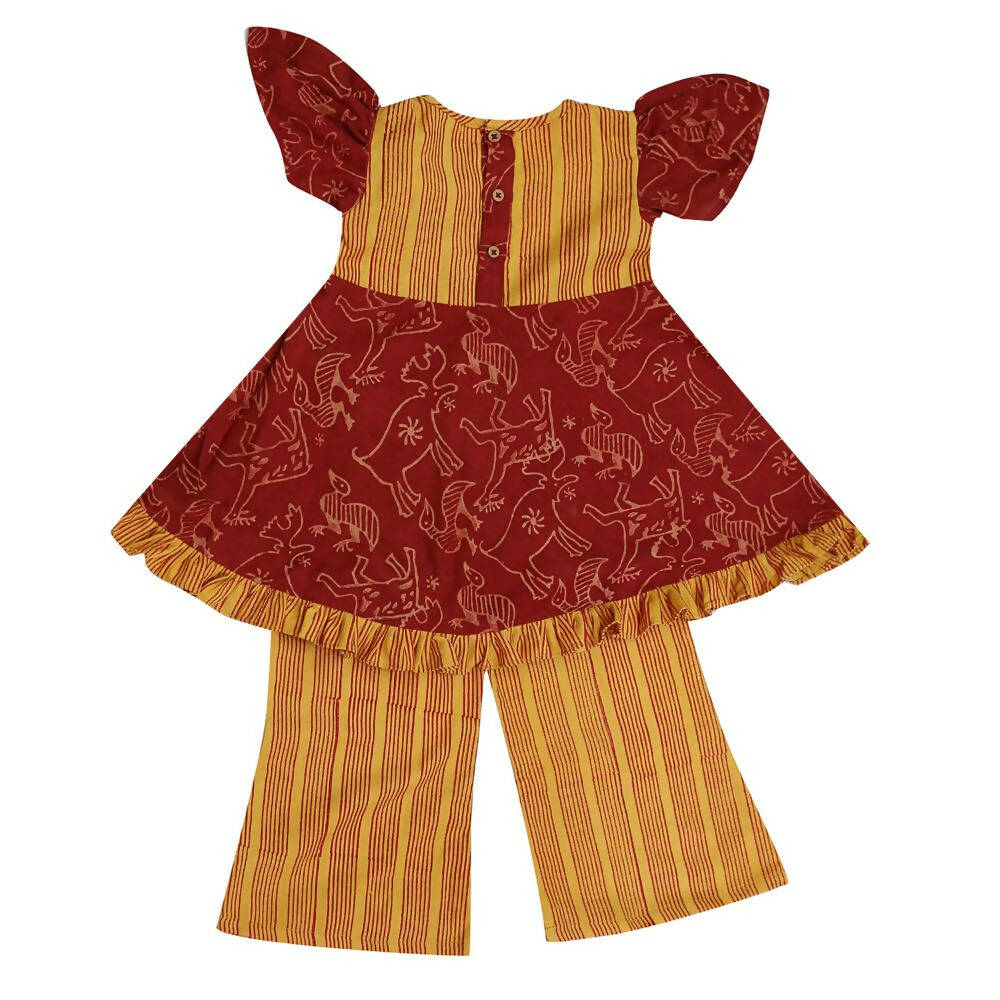 Mhyssa Gathered Sleeves Red Kurta With Full Length Yellow Palazzo Set For Kids - Distacart