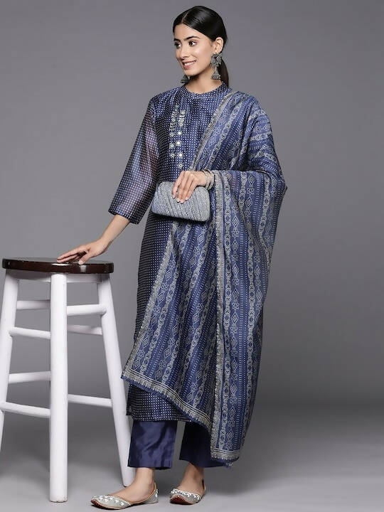 Varanga Bandhani Printed Regular Mirror Work Kurta with Trousers & With Dupatta - Distacart