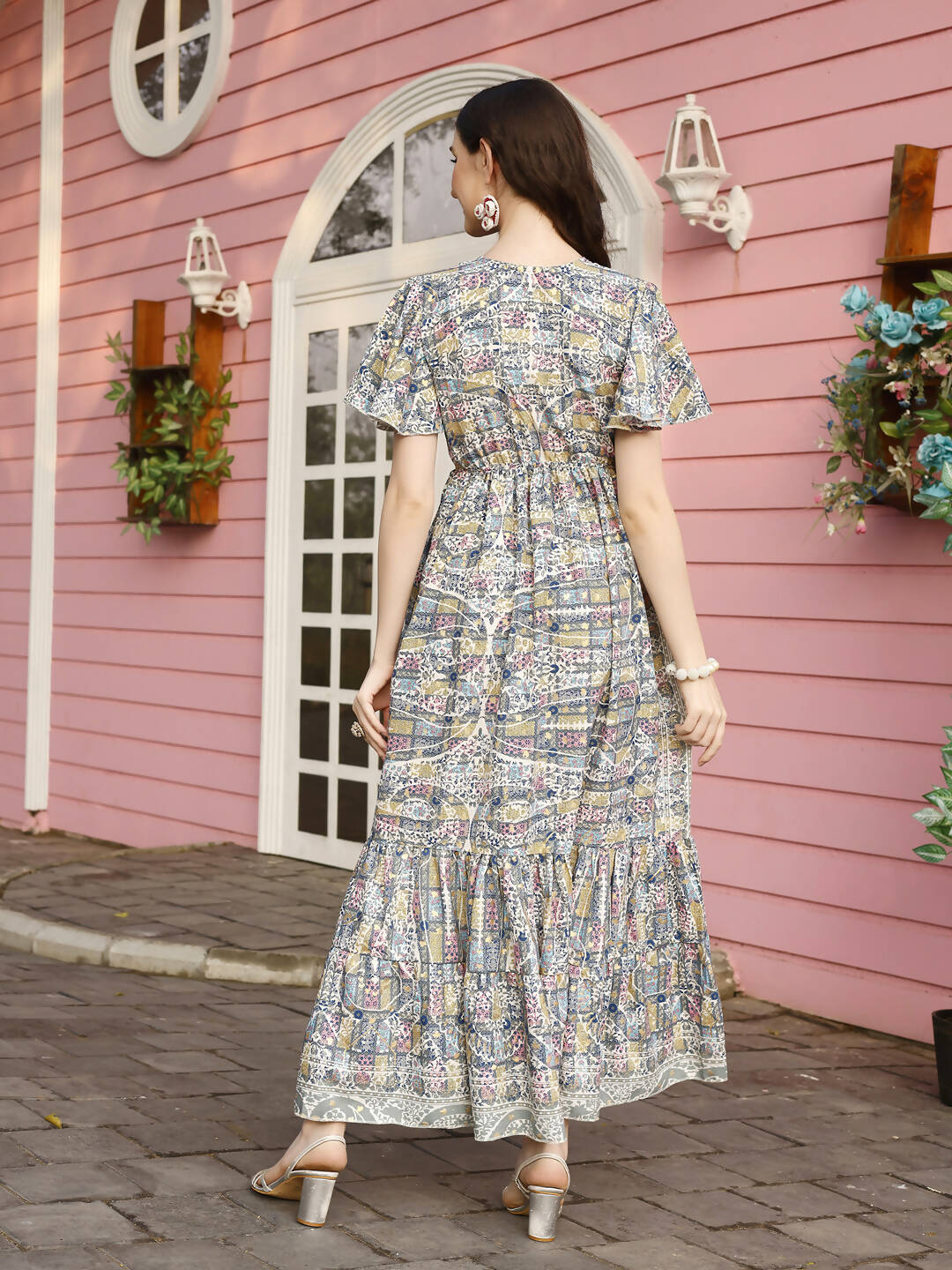 Green Rayon Foil Printed Long Dress - Michan - Distacart
