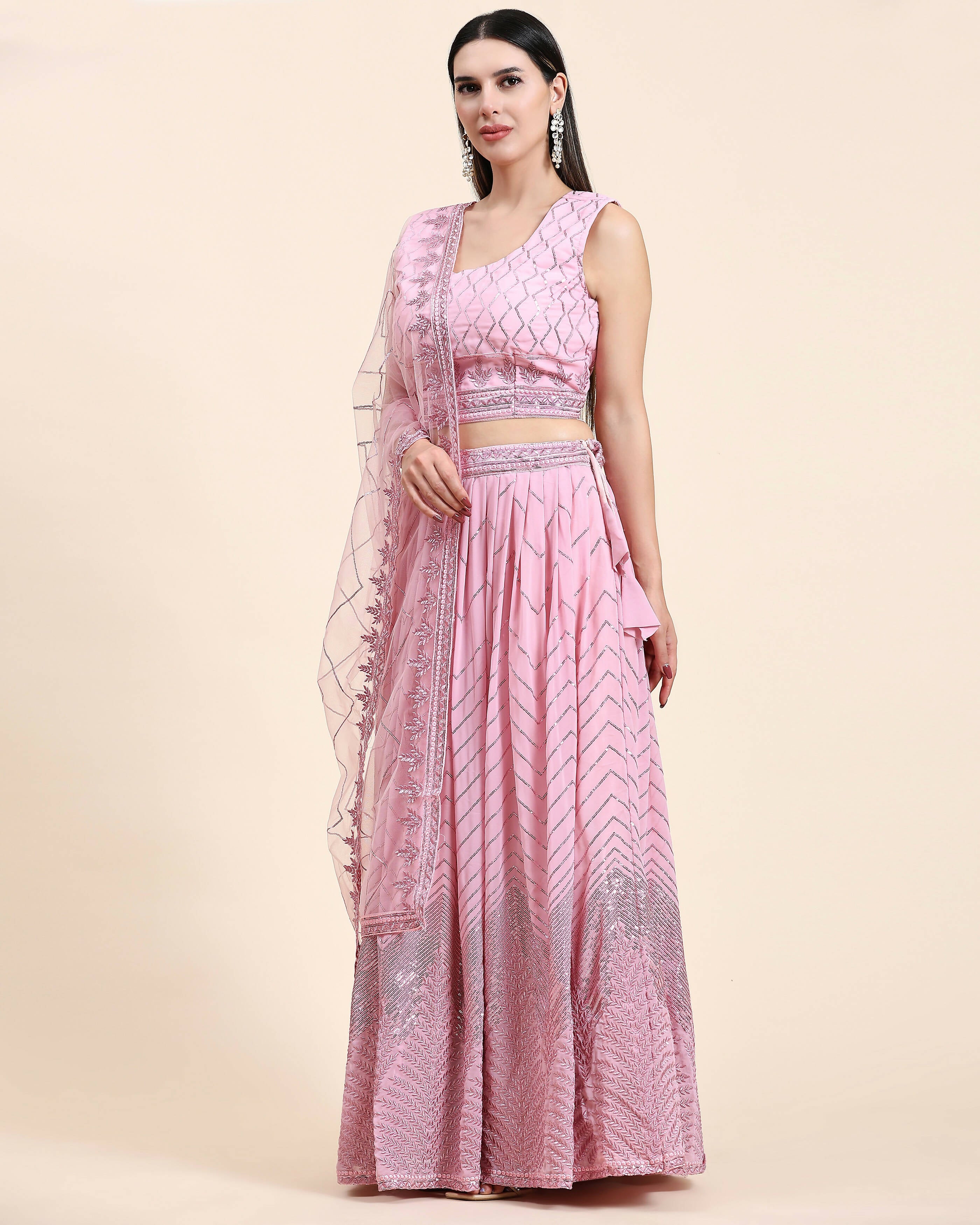 Pink Pure Viscose Georgette Sequence Embroidery work Lehenga Choli with Dupatta - Aakriti - Distacart