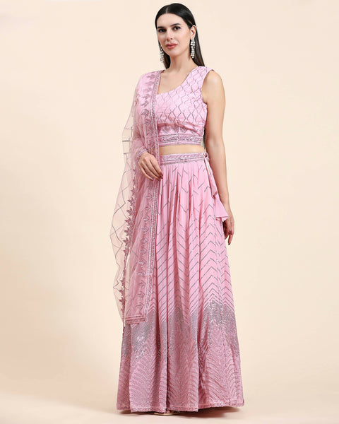 Pink Pure Viscose Georgette Sequence Embroidery work Lehenga Choli with Dupatta - Aakriti - Distacart