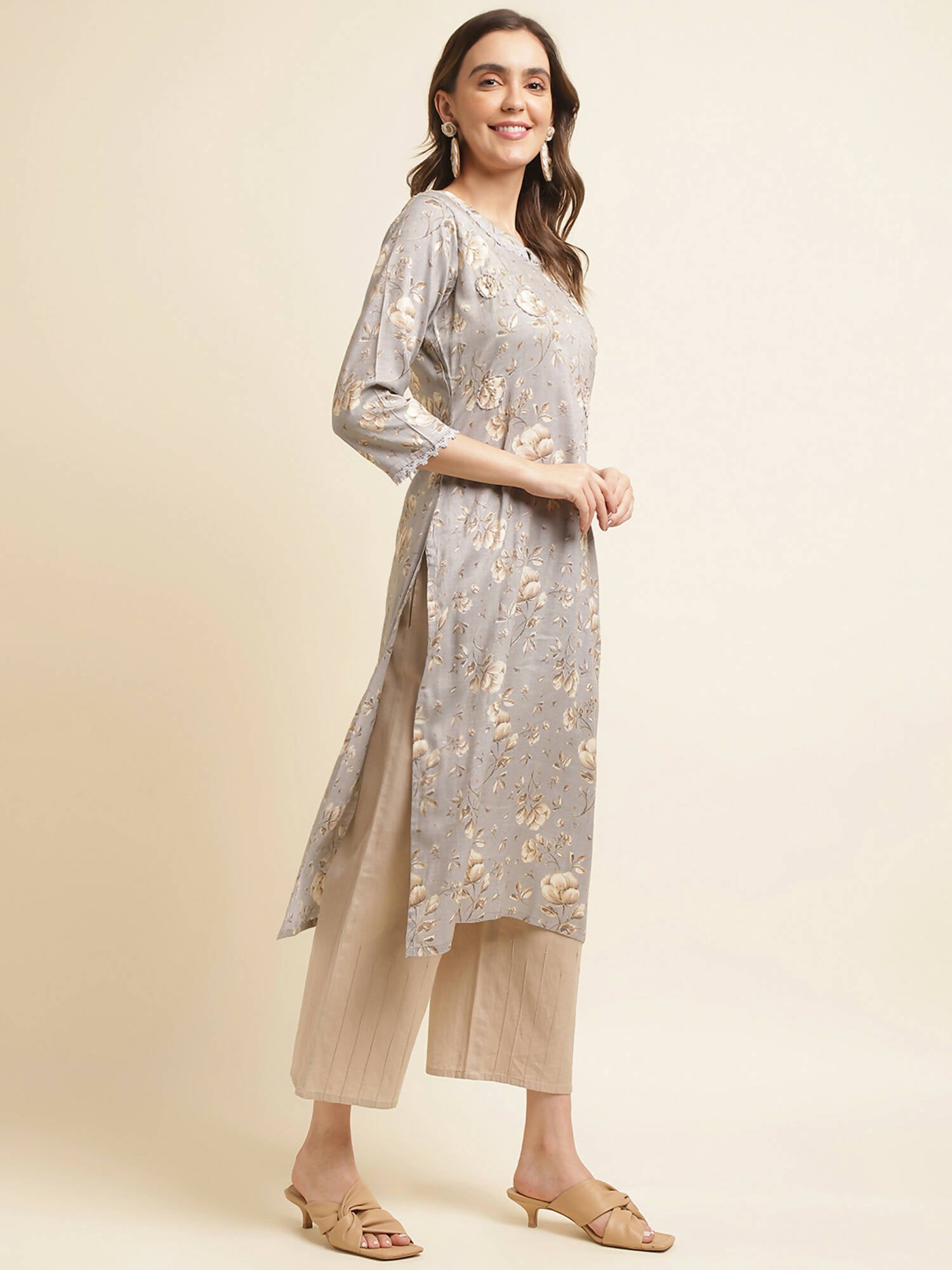 Grey Poly Rayon Floral Printed Straight Kurta - Prasuti - Distacart