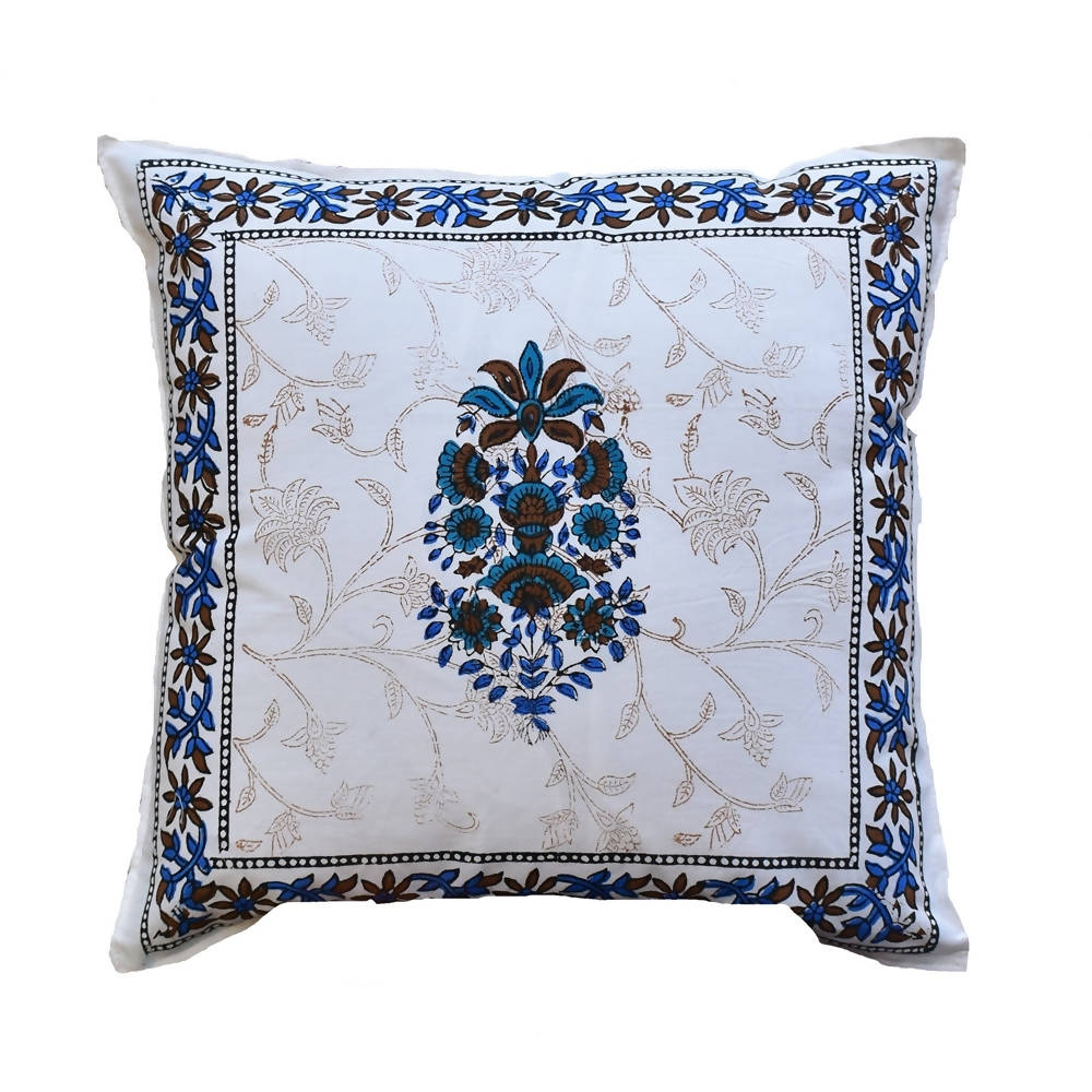 The Decor Nook Blue Floral Print With Blue Brown Border Cushion Cover - Distacart