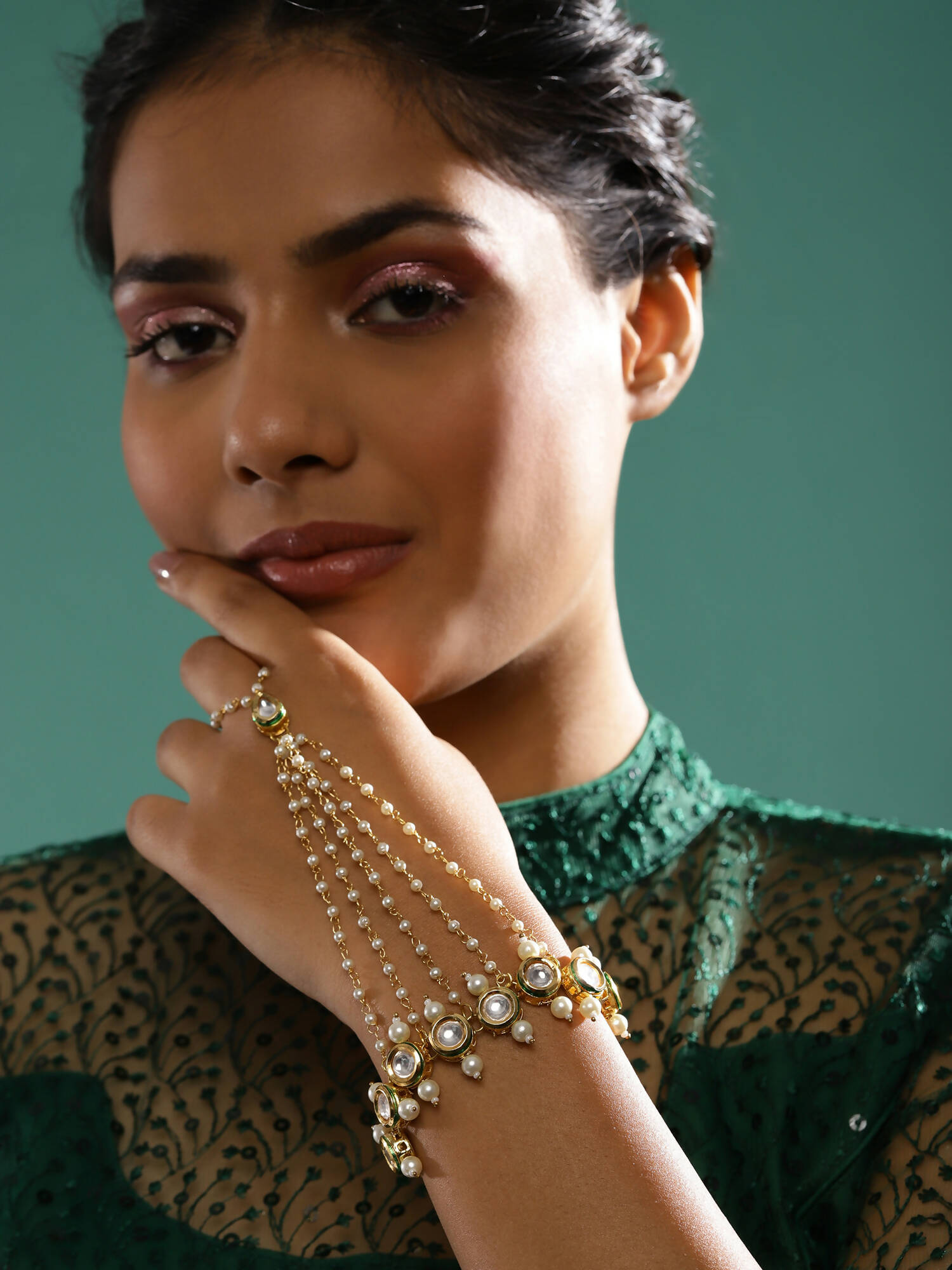 Women's Gold-Toned White Brass Kundan Gold-Plated Link Bracelet - Ruby Raang - Distacart