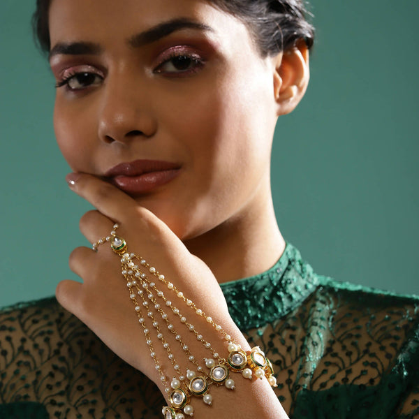 Women's Gold-Toned White Brass Kundan Gold-Plated Link Bracelet - Ruby Raang - Distacart