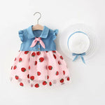 Thumbnail for Bold N Elegant Cap Sleeve Denim Embroidered Midi Party Dress Frock with Hat Dress - Strawberry Pink - Distacart