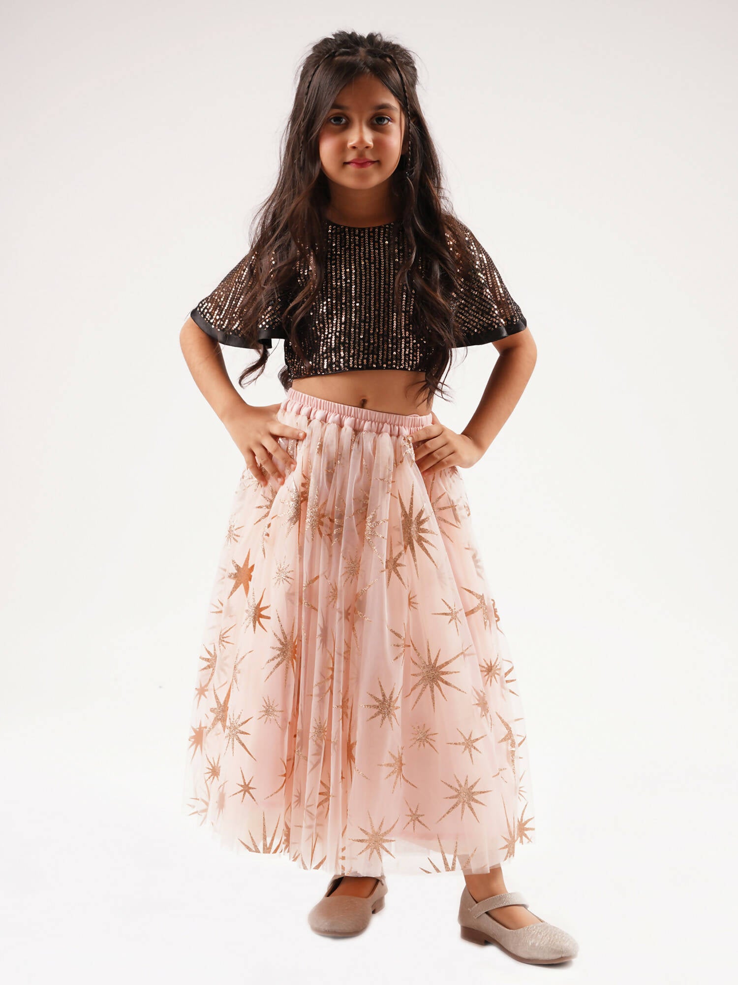Lil Drama Paris Nights Girls Peach Sequin Choli Printed Lehanga - Distacart