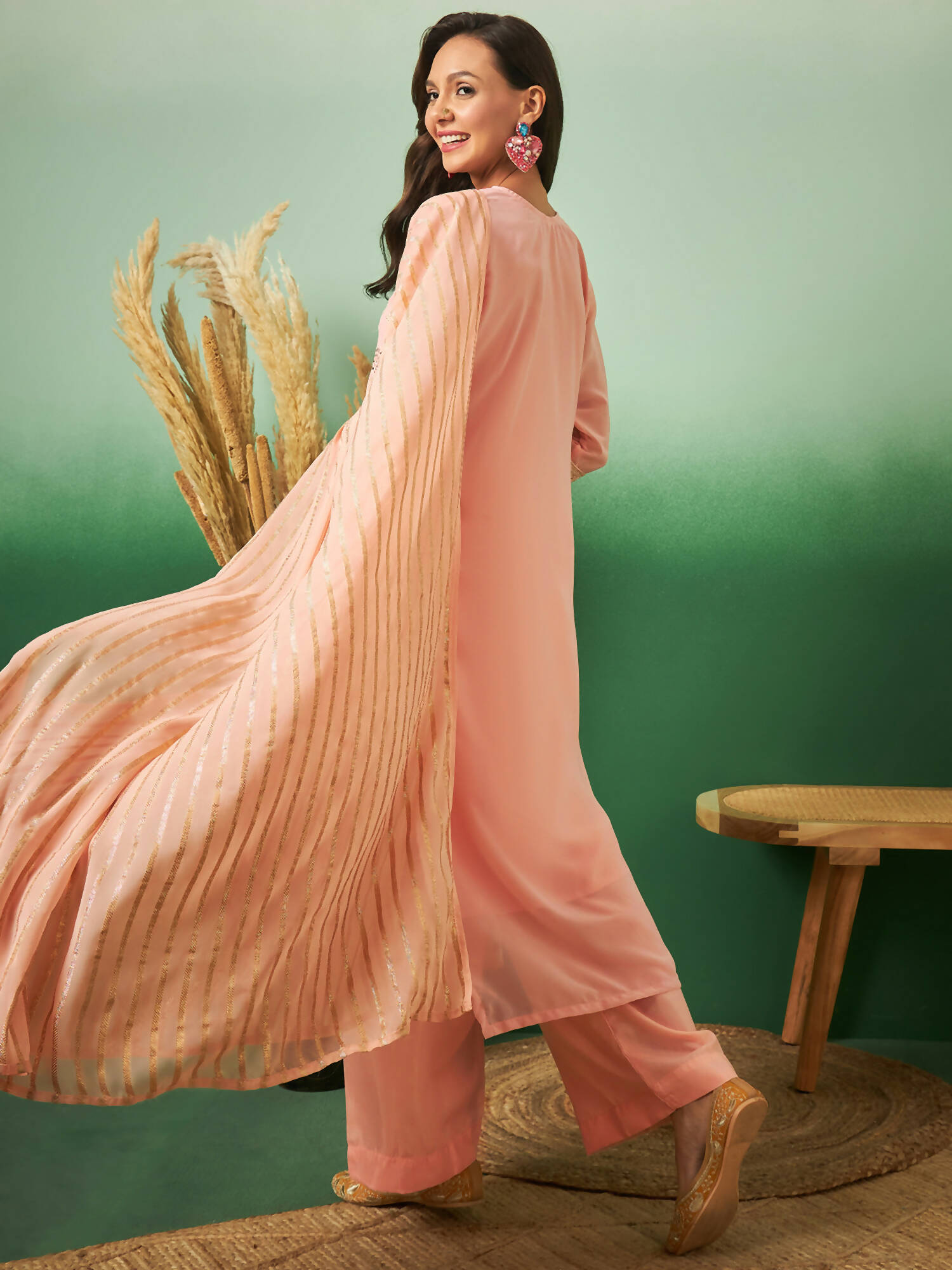 Peach Georgette Handwork Unstitched Dress Material - Hanika - Distacart