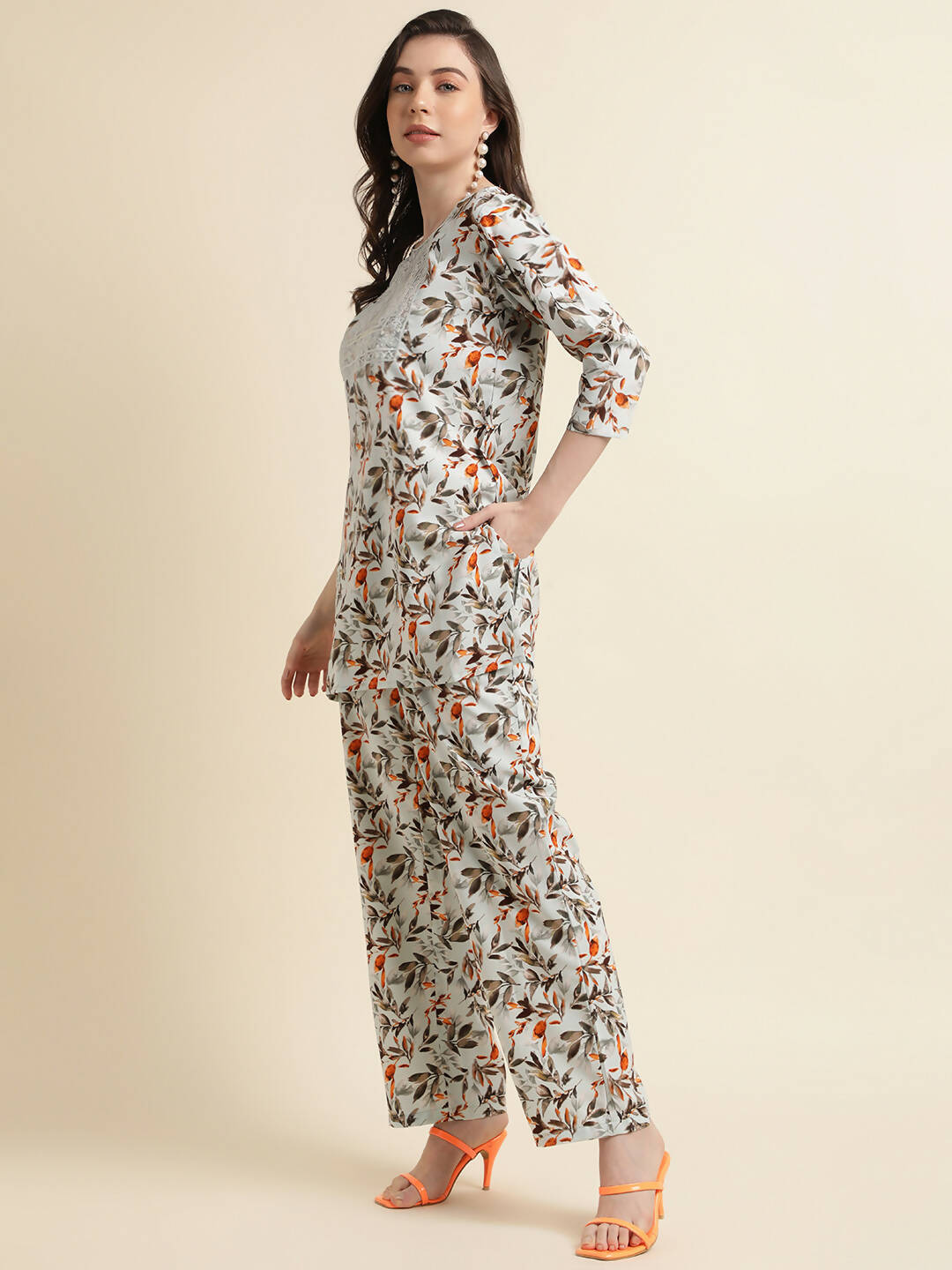 Grey Poly Crepe Digital Printed Top with Matching Bottom - Preeti - Distacart
