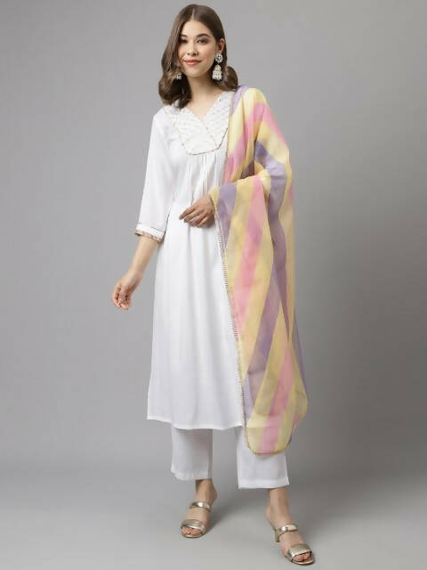 FIORRA Women's White Cotton A-Line Kurta Pant With Dupatta - Distacart