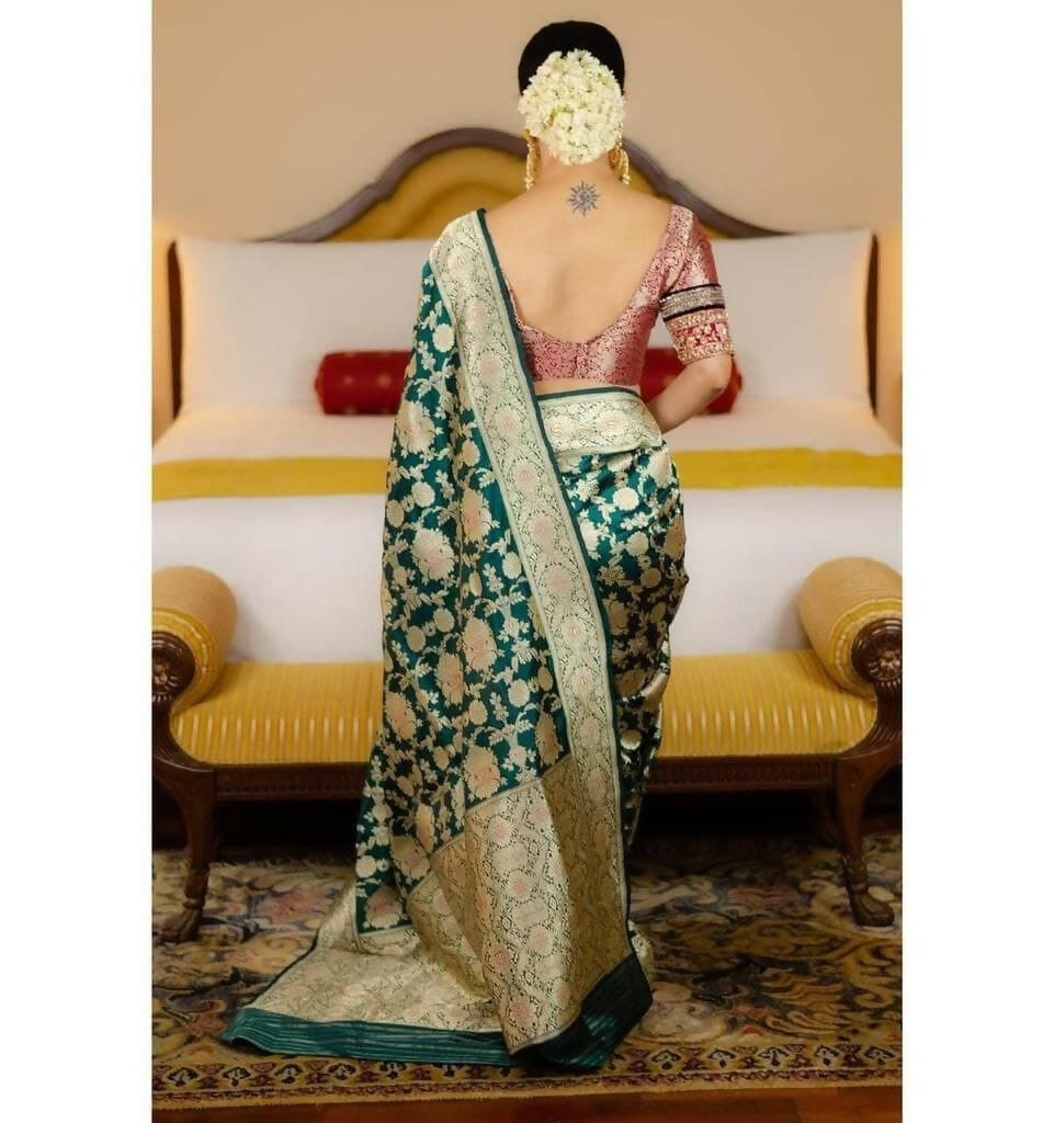 DEIANA'S Beautiful Golden Jari with New Design Soft Lichi Silk Saree - Green - Distacart