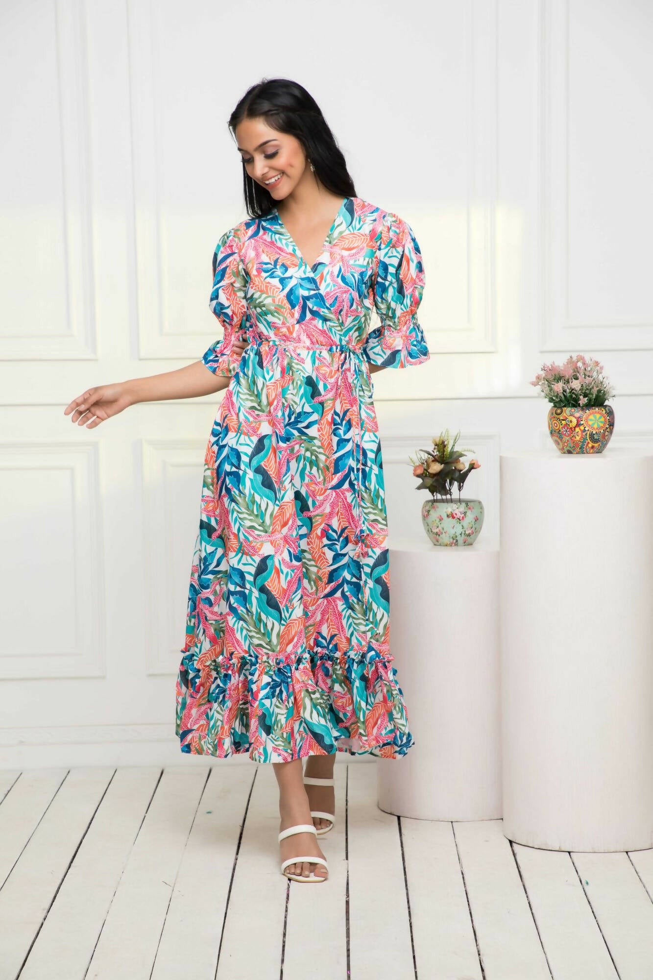 Myshka Women Multi Floral Polyester A-Line V-Neck Dress - Distacart