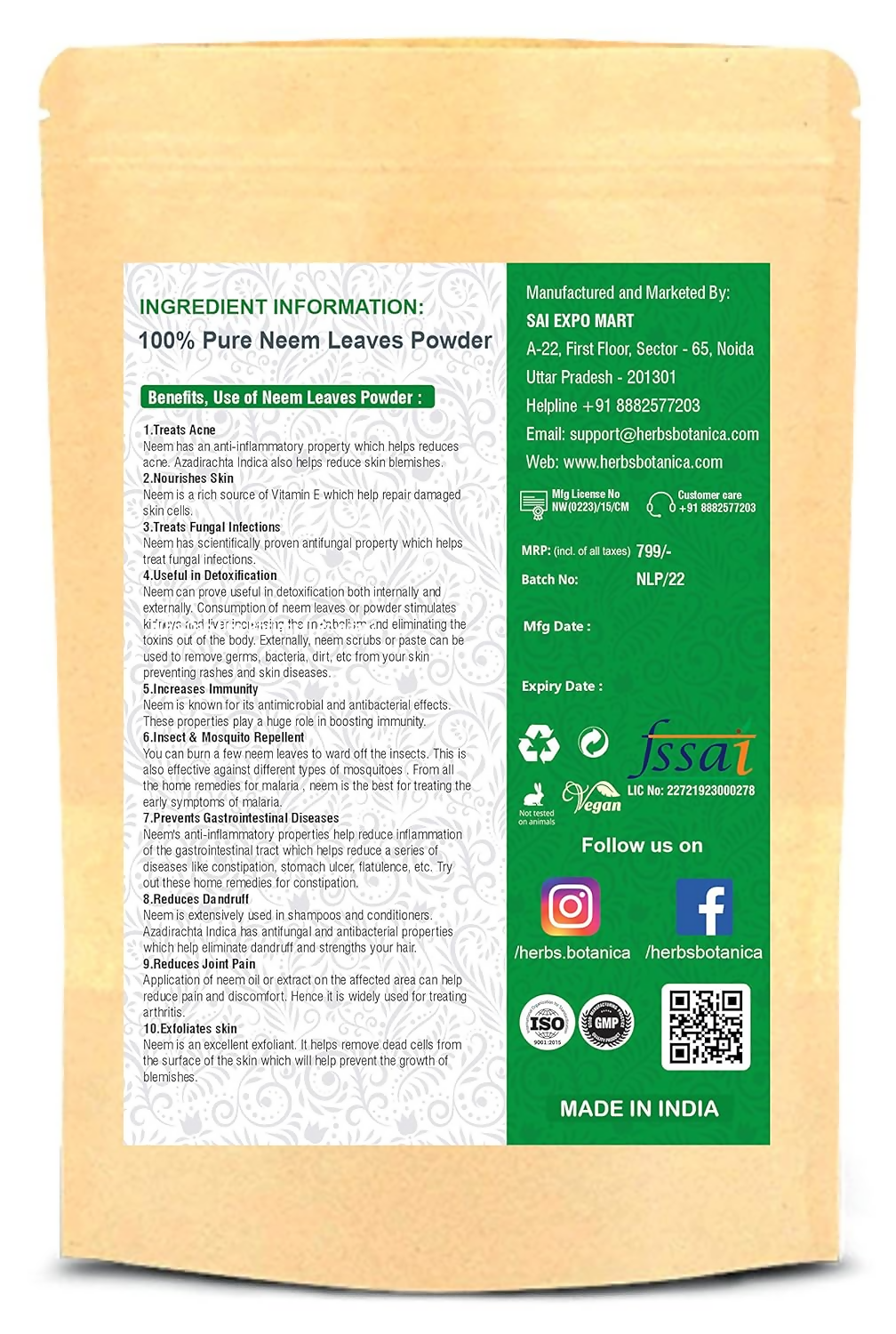 Herbs Botanica Neem Leaves Powder - Distacart