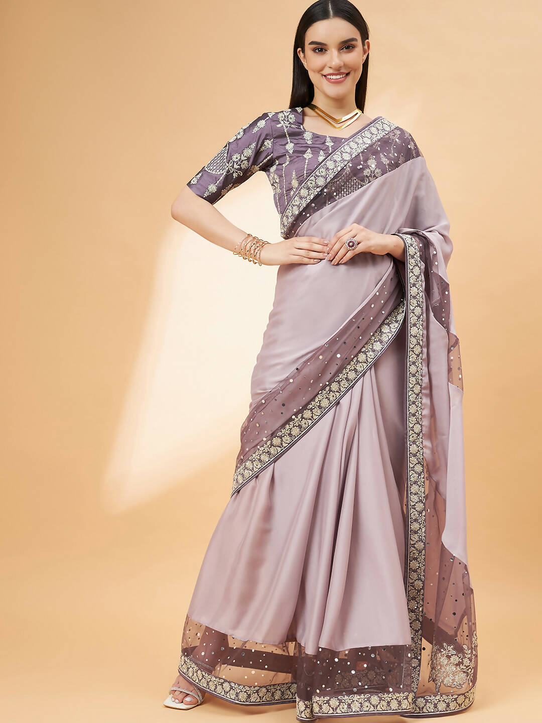 Mauve Silk Georgette Ribbon Embroidery Saree - Norita Hit Design - Distacart