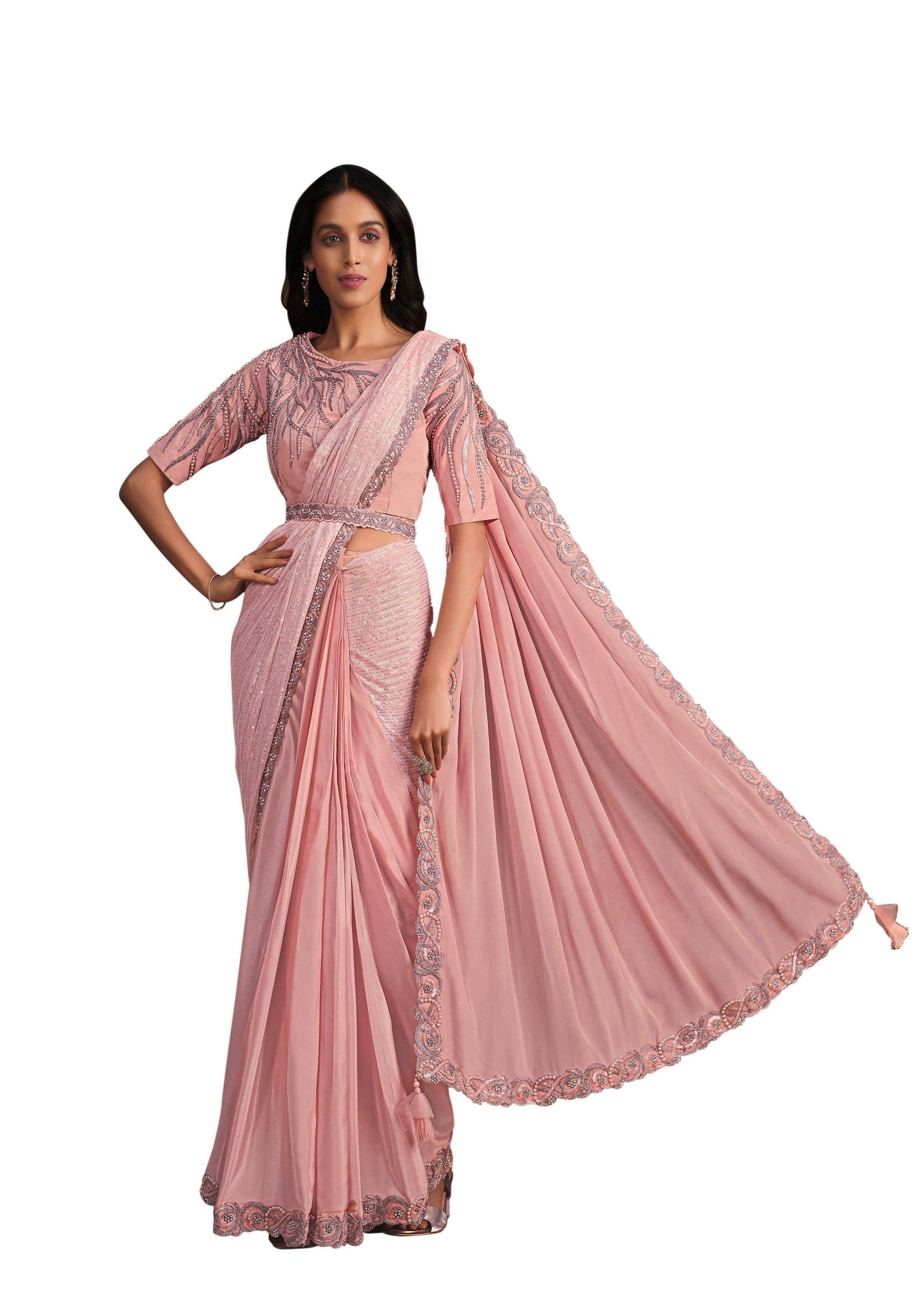 Peach Georgette Crepe Silk Sequence Embroidered Saree With Stitched Blouse - Mohmanthan La Belle - Distacart