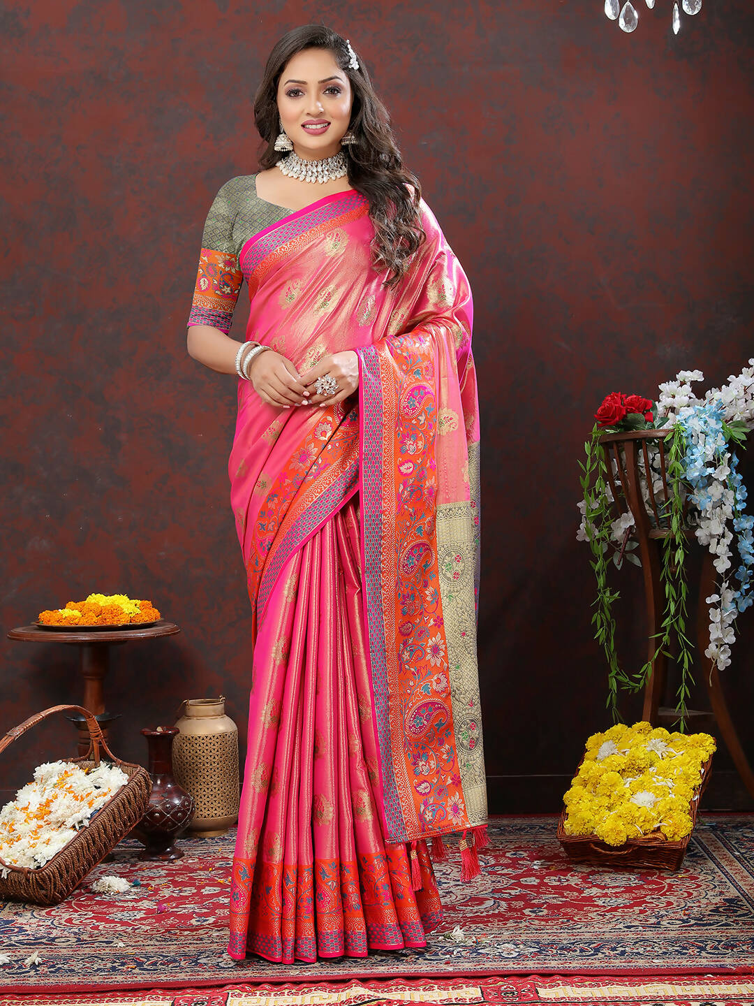 Lorenvalley Fashion Pink Kanjivaram Silk Woven Design with Zari Weaving Saree - Distacart