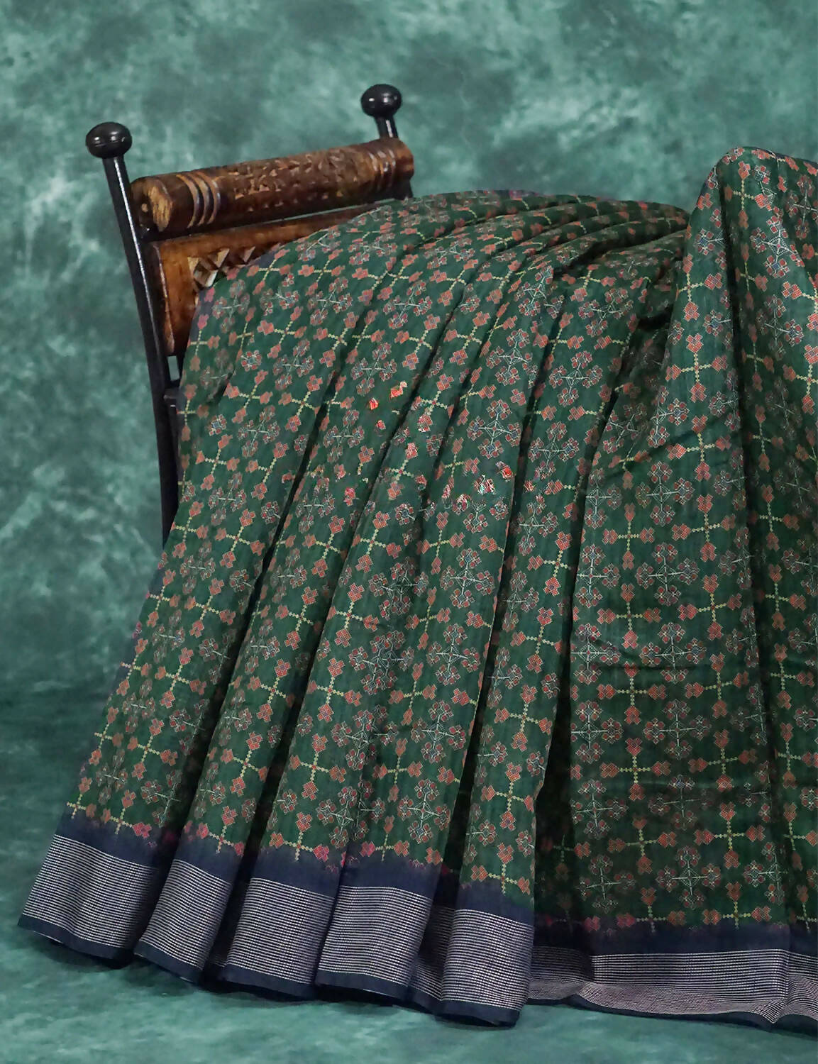 Dark Green and Navy Blue Geometrical Print Semi Chanderi Saree By Gayathri Reddy Designer Studio - Distacart