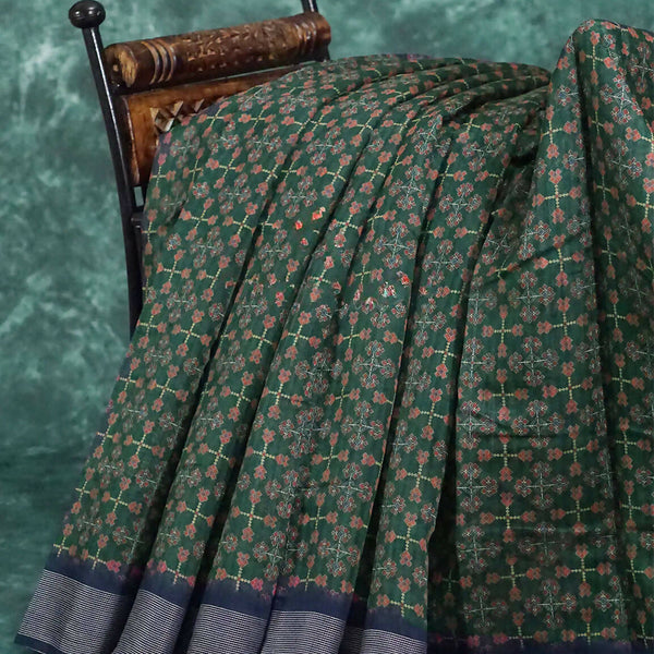 Dark Green and Navy Blue Geometrical Print Semi Chanderi Saree By Gayathri Reddy Designer Studio - Distacart