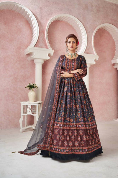 Everywhere Designer Navy Blue Dola Silk Gown With Dupatta - Anbazaar - Distacart