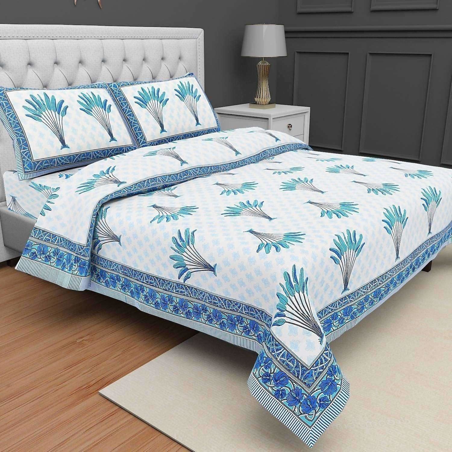 Jaipuri Hand Block Printed Traditional 144TC Cotton Double/Queen Bedsheet with 2 Pillow Covers - Distacart