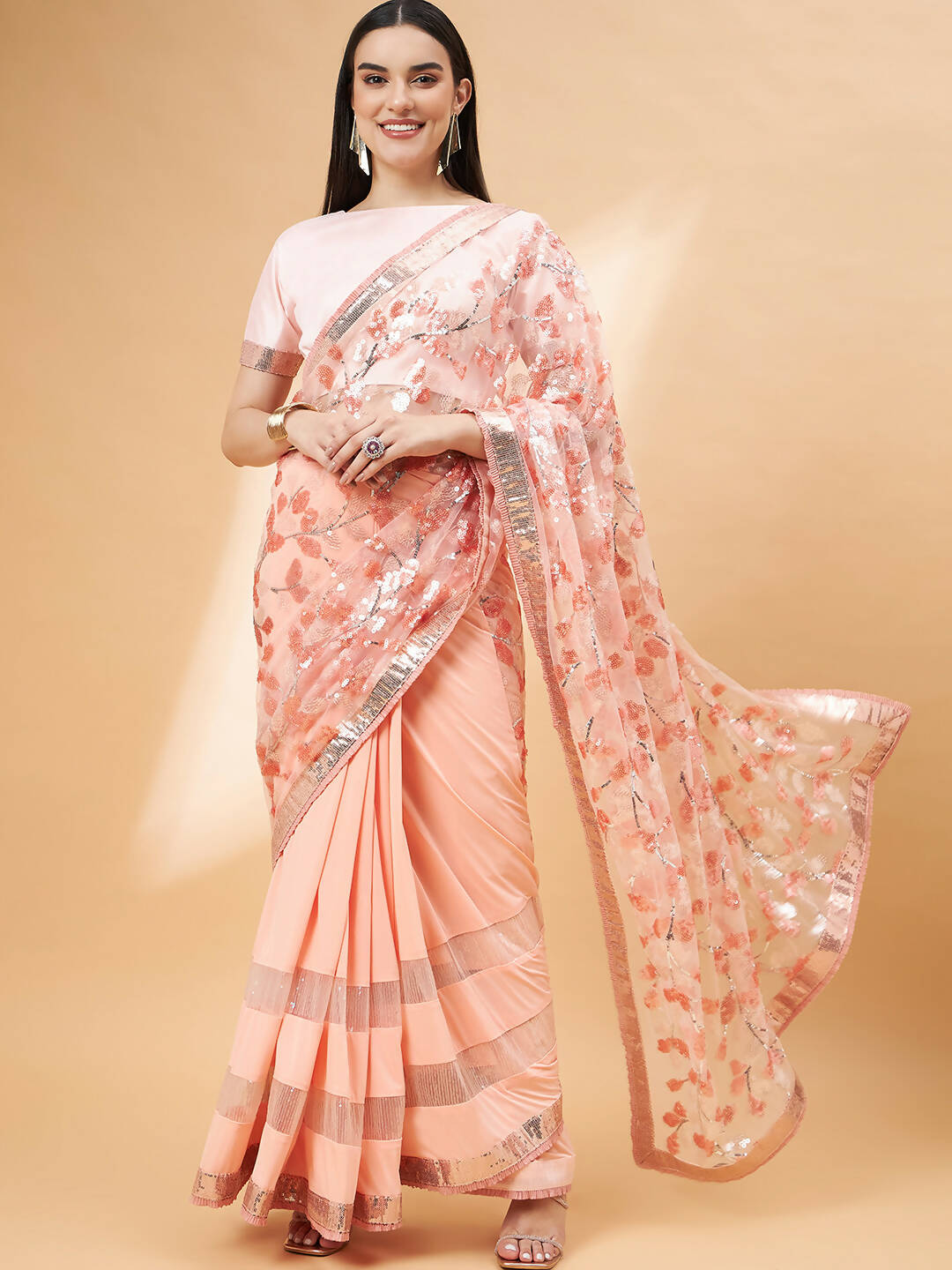 Peach Lycra Sequin Embroidery And Frills Saree - Norita Hit Design - Distacart