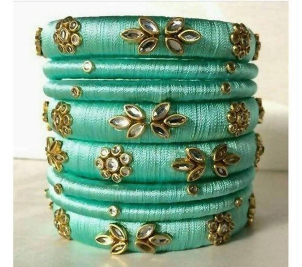 Sea Green Designer Silk Threaded Bangles Set of 2
