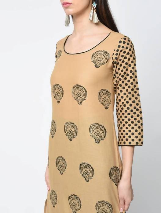 Aniyah Cotton Block Printed Beige Straight Kurta (AN-126K)