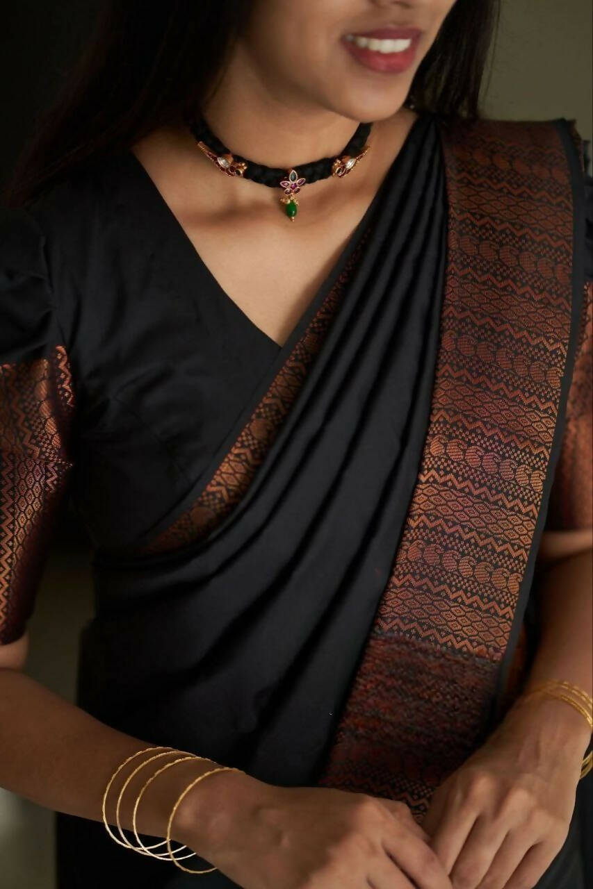 DEIANA'S Beautiful Golden Jari with New Design Soft Lichi Silk Saree - Black - Distacart