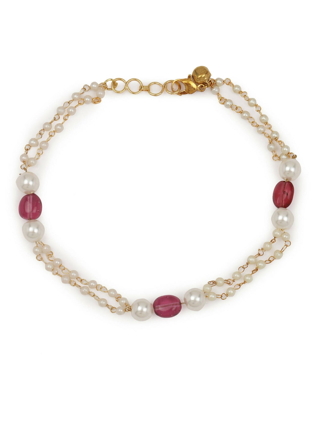 Gold-Plated Pink White Pearl Beaded Anklets Set Of 2 - Ruby Raang - Distacart