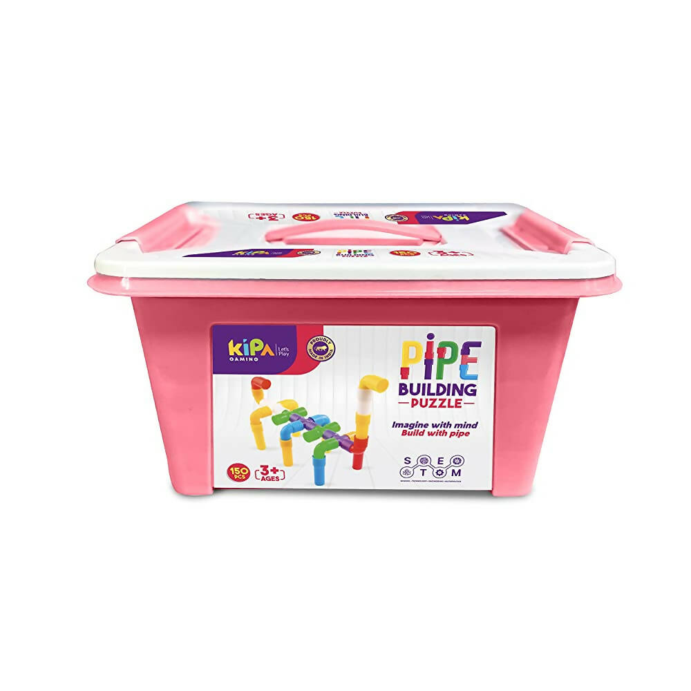 Kipa 150 Pieces Pipe Puzzle with Storage Container, Educational & Intellectual Playing Model Construction Blocks with Rolling Wheelbase - Distacart