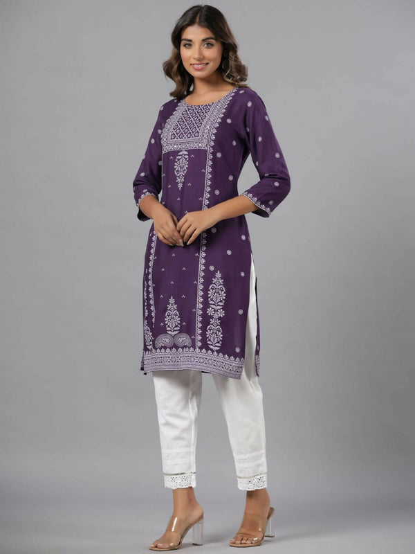 Juniper Women Purple Rayon Printed Knee Length Straight Kurta - Distacart