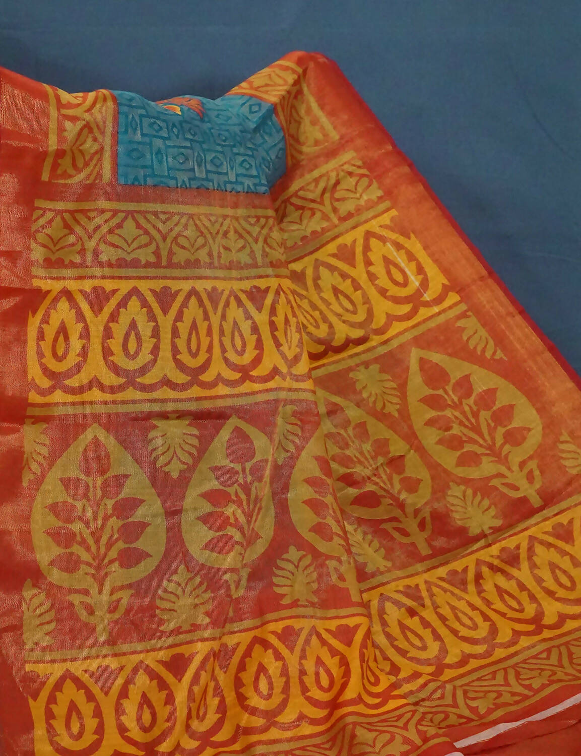 Sea Blue And Orange Cotton Brasson Saree For Office/Regular Wear By Gayathri Reddy Designer Studio - Distacart