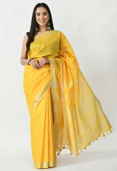 Mominos Fashion Moeza Yellow Bhagalpuri Handloom Silk Linen Saree with unstitched Blouse piece - Distacart