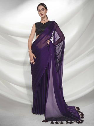 Purple Organza Solid Saree With Unstitched Blouse Piece - Shanaya - Distacart