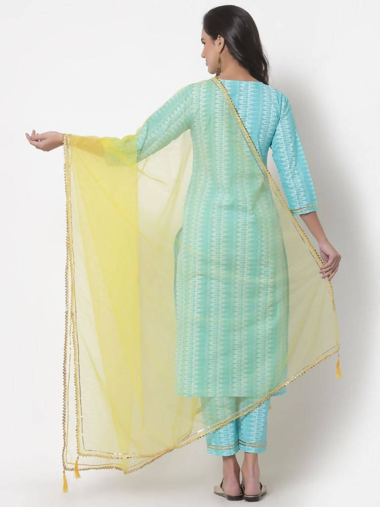 Myshka Women's Cotton Printed 3/4 Sleeve Round Neck Casual Kurta Pant Dupatta Set