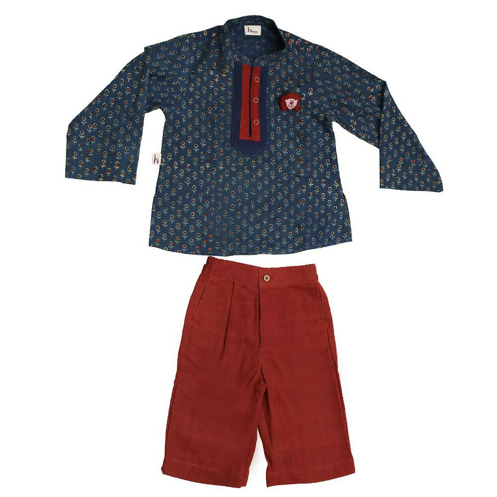 Mhyssa Scar Full Sleeve Blue Kurta With Full Length Maroon Pant Set For Kids - Distacart