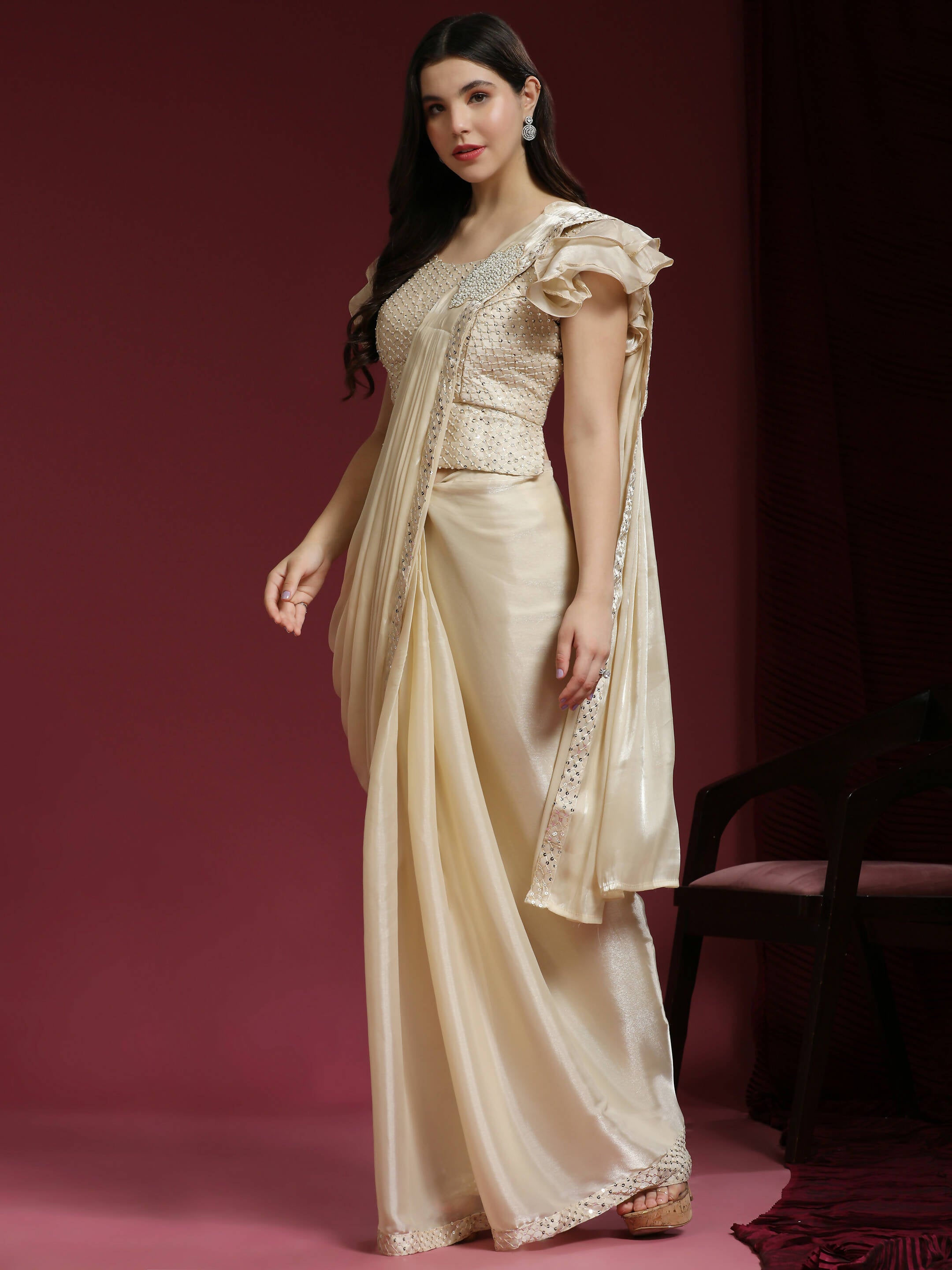 Beige Silk Satin Sequence Work Ready to Wear Saree with stitched Blouse - Nirvana - Distacart