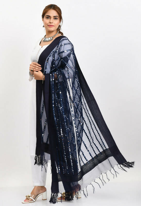 Mominos Fashion Moeza Women's Orgenza Mirror Stripe Thread Work Navy Blue Dupatta - Distacart