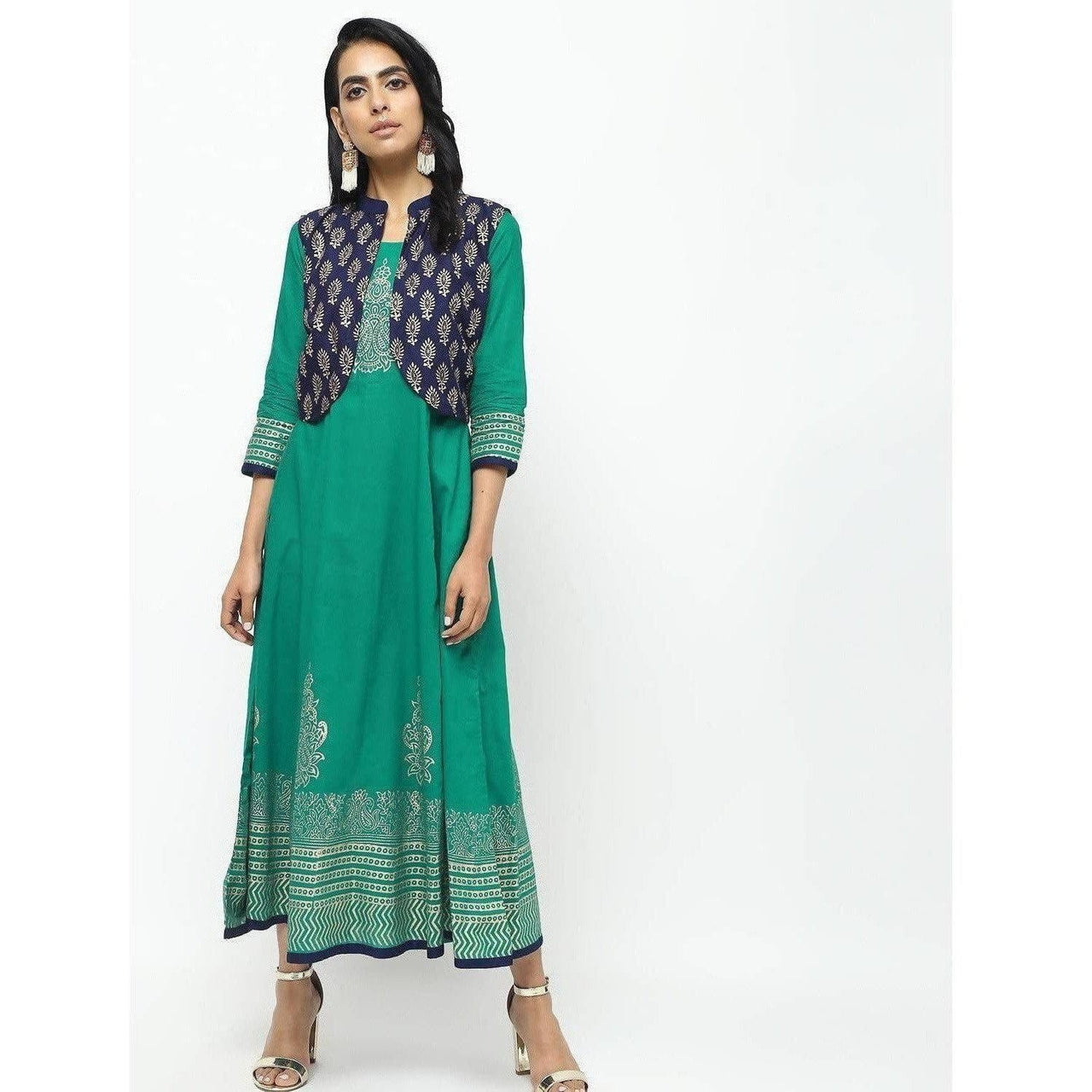 Cheera Kalidar Anarkali With Contrast Jacket On Foil Print Design Kurta