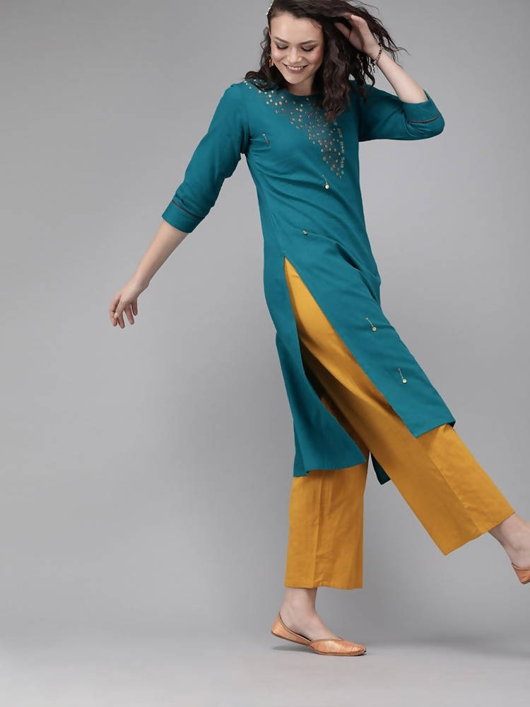 Yufta Women Teal Blue Embroidered straight Kurta