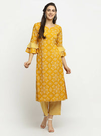 Thumbnail for Rudra Bazaar Mustard Printed Bell Sleeve Straight Kurta with Striped Pyjamas - Distacart