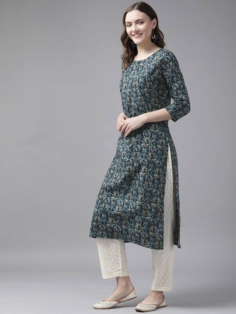 Yufta Women Blue and White Ethnic Motifs Pure Cotton Kurta with Trouser