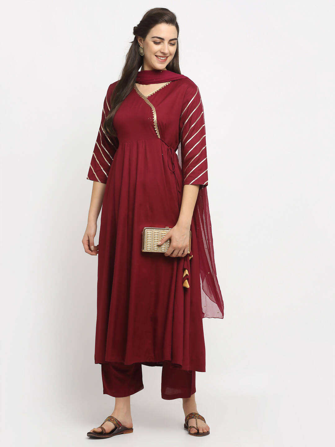 Rudra Bazaar Wine Angrakha Style Flared Anarkali Kurta with Pyjamas & Dupatta - Distacart